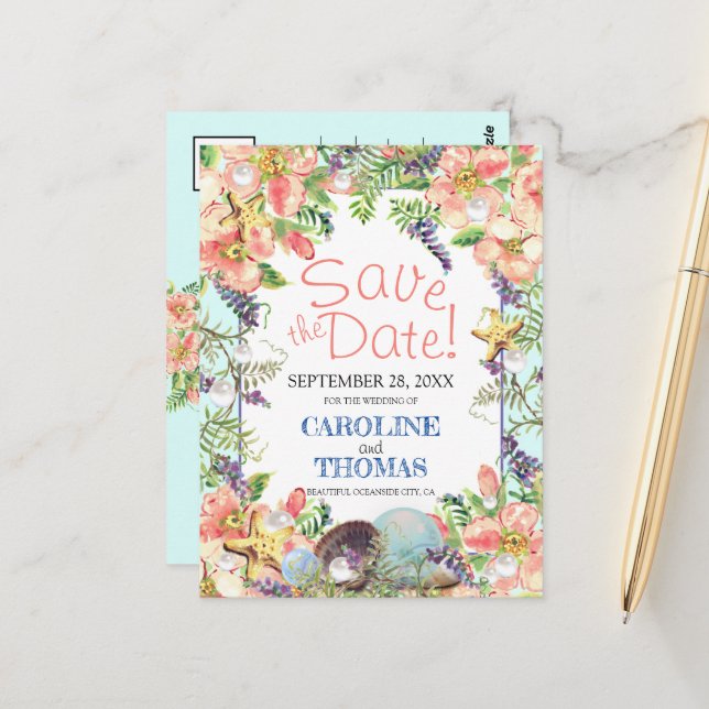 Beach Wedding Floral Seashells Pearl Save the Date Postkarte (Vorderseite/Rückseite Beispiel)
