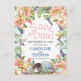 Beach Wedding Floral Seashells Pearl Save the Date Postkarte