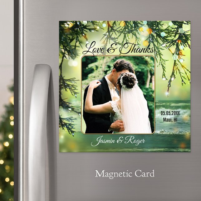 Beach Wedding Foto Vielen Dank Magnetkarte (Wedding Thank You magnetic card featuring your photo framed by a festive teal sparkling beach )