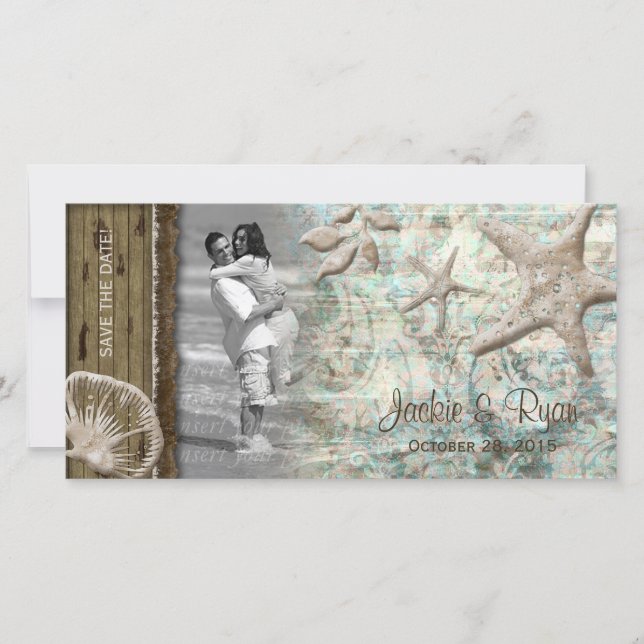 Beach Wedding Fotokarte Seashell Beige Holz Save The Date (Vorderseite)