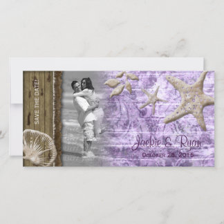 Beach Wedding Fotokarte Seashell Lila Holz Save The Date