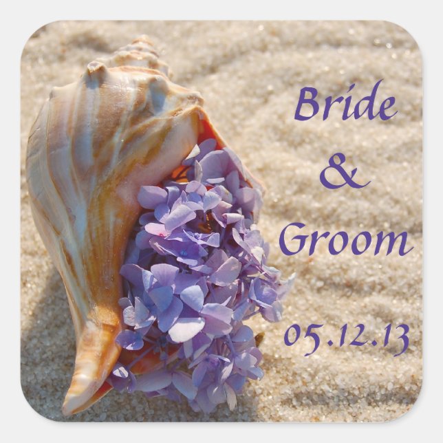 Beach Wedding Gefallen Sticker: Sea Muschel & Hydr Quadratischer Aufkleber (Vorderseite)