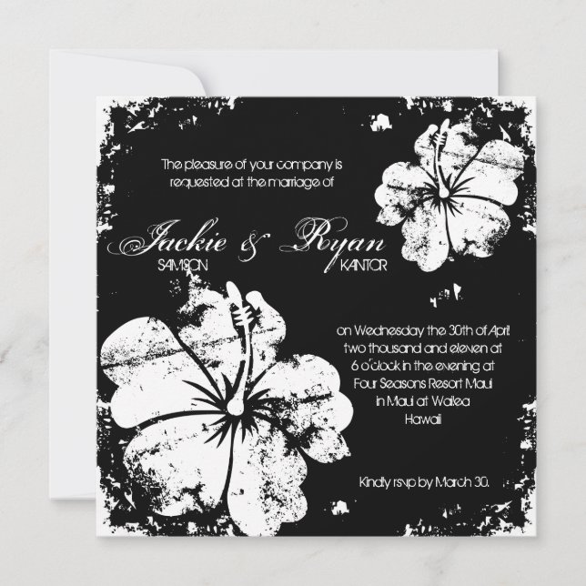 Beach Wedding Grunge Hibiskus Black & White Einladung (Vorderseite)