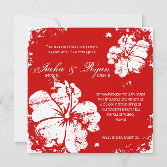 Beach Wedding Grunge Hibiskus Cherry Red Einladung (Vorderseite)