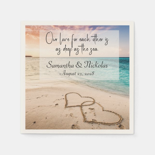 Beach Wedding Hearts in Sand Personalisiert Serviette (Vorderseite)