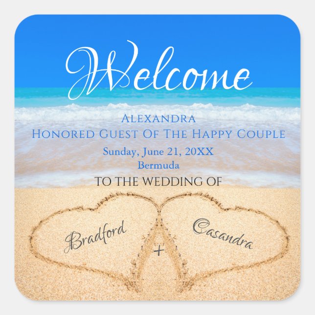 Beach Wedding Hearts in Sand Willkommen Keepake Quadratischer Aufkleber (Vorderseite)