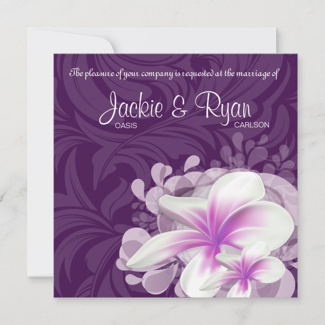 Beach Wedding Invite Plumeria Blume Lila Blätter Einladung (Vorderseite)