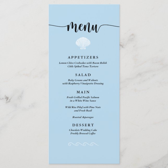 Beach Wedding Menu Seashell Seaside Beach Blue Menükarte (Vorderseite)