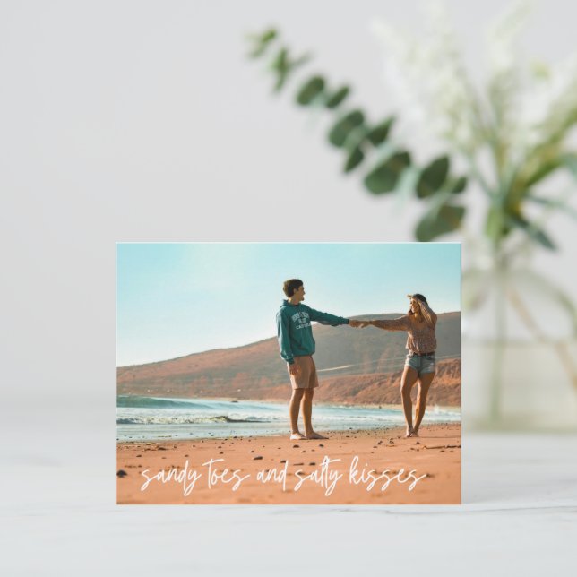 Beach Wedding Modern Foto Budget Save the Date Ankündigungspostkarte (Stehend Vorderseite)