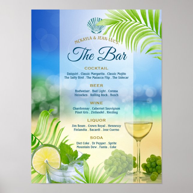Beach Wedding Mojito Weinpalme Open Bar Menu Poster (Vorne)