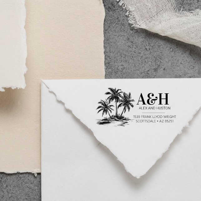 Beach Wedding Monogram Elegant Simple Palm Tree Permastempel (Von Creator hochgeladen)