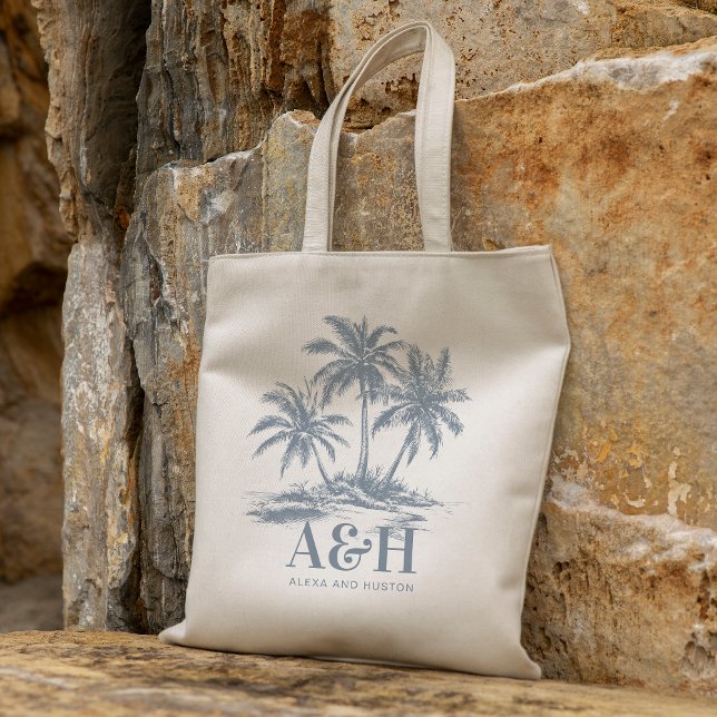 Beach Wedding Monogram Elegant Simple Palm Tree Tragetasche (Von Creator hochgeladen)