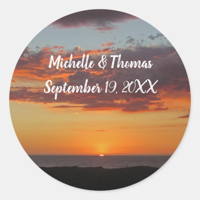 Beach Wedding Orange Abend Sky Ocean Sunset Runder Aufkleber (Vorderseite)