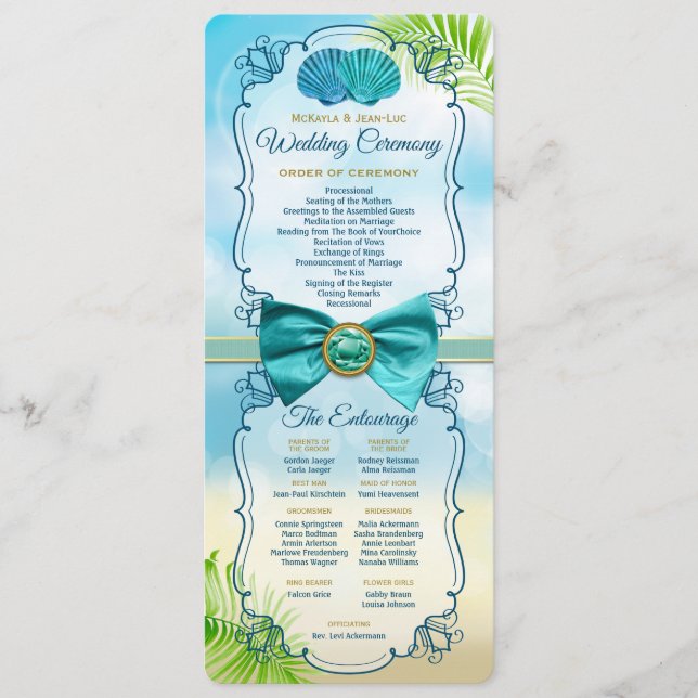 Beach Wedding Order of Ceremony Entourage Gem Bow Programm (Vorderseite)