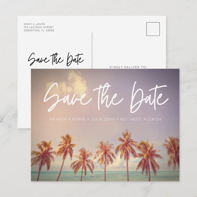 Beach Wedding Palm Tree Save the Date Ankündigungspostkarte (Vorne/Hinten)