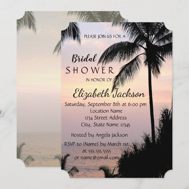 Beach Wedding Palms Sunset Brautparty Einladung (Vorne/Hinten)