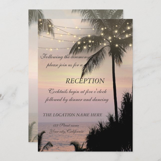 Beach Wedding Palms Sunset Empfang Einladung (Vorne/Hinten)