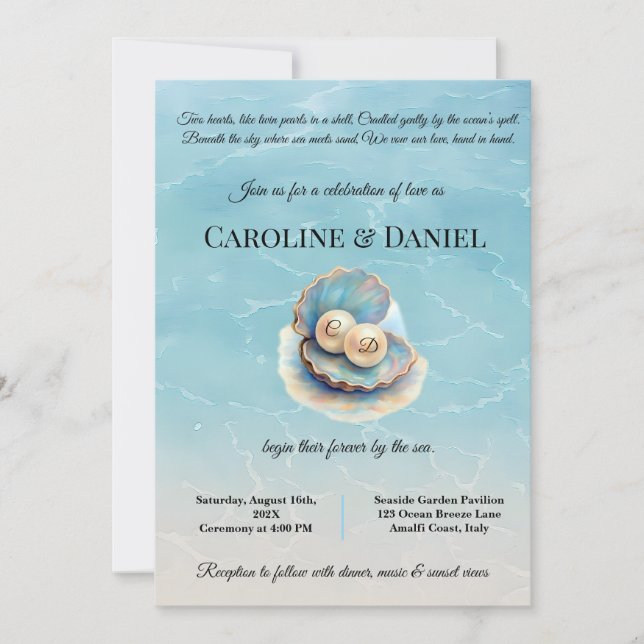 Beach Wedding Pearls Muschel Elegantes Ocean Thema Einladung (Vorderseite)