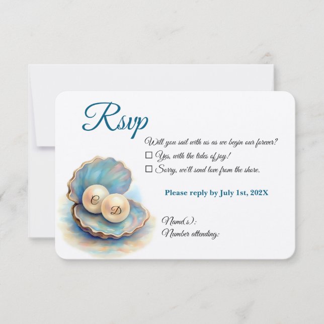 Beach Wedding Pearls Muschel Elegantes Ocean Thema RSVP Karte (Vorderseite)