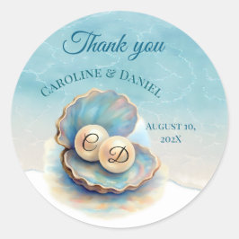 Beach Wedding Pearls Muschel Elegantes Ocean Thema Runder Aufkleber