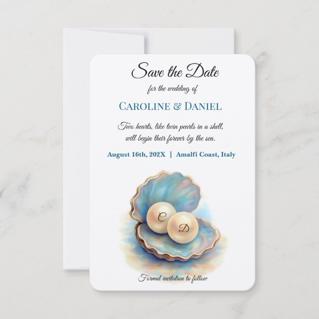 Beach Wedding Pearls Muschel Elegantes Ocean Thema Save The Date (Vorderseite)