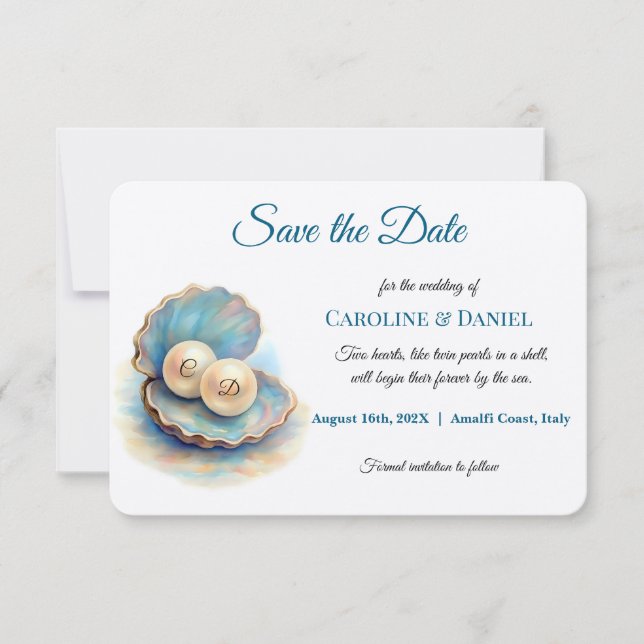 Beach Wedding Pearls Muschel Elegantes Ocean Thema Save The Date (Vorderseite)