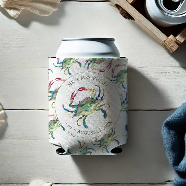 Beach Wedding Personalisierte Can Coolers Dosenkühler (Beach wedding can coolers watercolor crab art by Victoria Grigaliunas Do Tell A Belle Personalized)