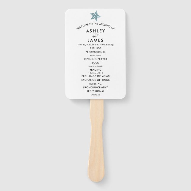 Beach Wedding Program Fan mit Starfish, Blue Gray Fächer (Vorderseite)