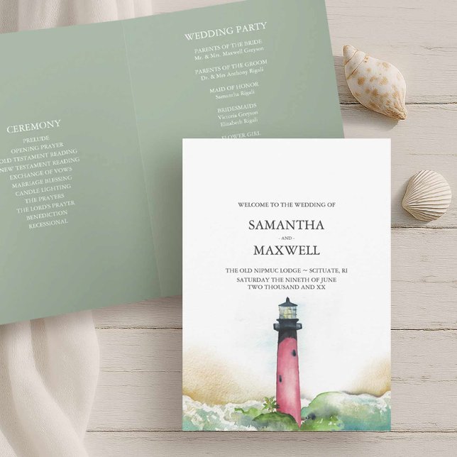 Beach Wedding Program Templates Lighthouse Programm (Wedding program beach wedding in Florida shows watercolor Jupiter Lighthouse Victoria Grigaliunas)