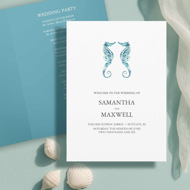 Beach Wedding Program Templates Programm (Beach wedding looks watercolor seaside wedding program art by Victoria Grigaliunas Do Tell A Belle)