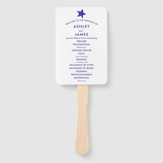 Beach Wedding Programm Fan mit Starfish, Navy Blue Fächer (Vorderseite)