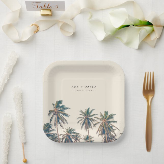 Beach Wedding Reception Palm Tree Personalized Pappteller (Hochzeit)