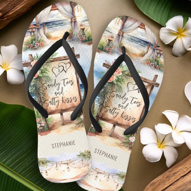 Beach Wedding Salty Toes Sandy Kisses Personalize Flip Flops (Montage personalized flip flops from the Sunset Beach Wedding Collection by Darling & May)