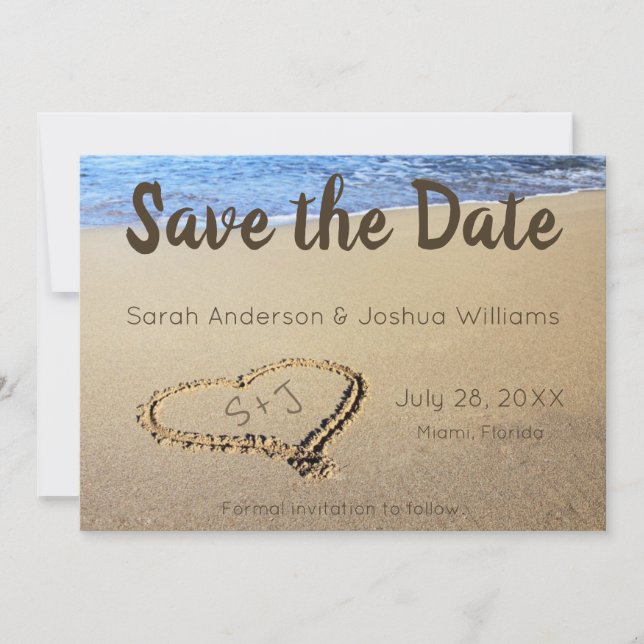Beach Wedding Sand Heart Initials Save The Date (Vorderseite)