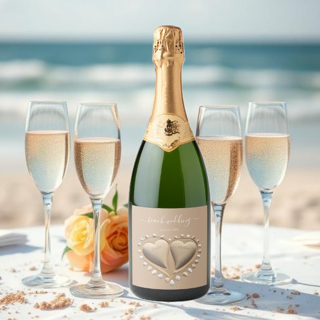 Beach Wedding Sand Hearts (Beach Wedding Sand Hearts Sparkling Wine Label )
