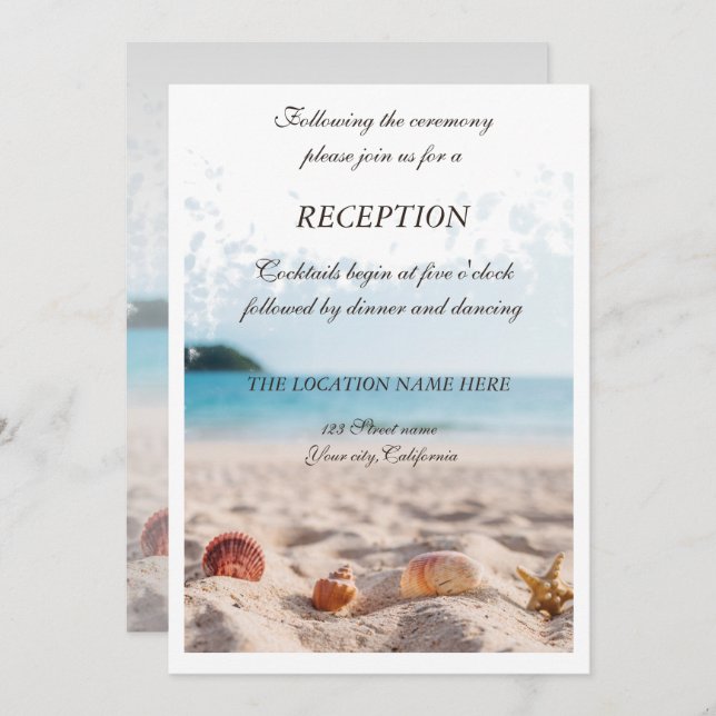 Beach Wedding, Sand, Seashells Empfang Einladung (Vorne/Hinten)