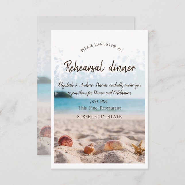 Beach Wedding, Sand, Seashells Probe Dinner Einladung (Vorne/Hinten)