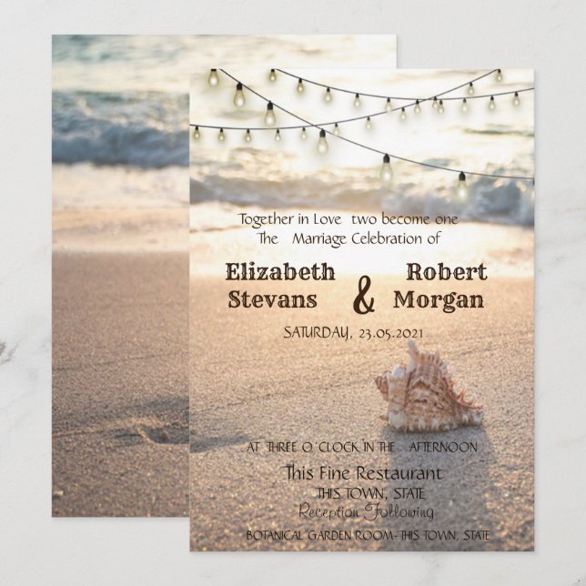 Beach Wedding, Sand, String Lights Seashell Einladung (Vorne/Hinten)