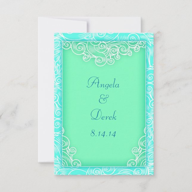 Beach Wedding Save the Date Aqua und Green Waves (Vorderseite)
