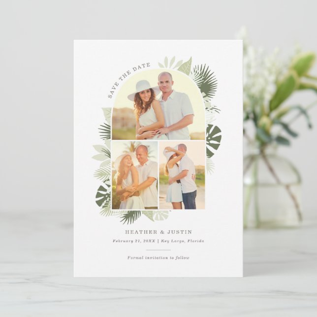 Beach Wedding Save the Date Card mit Palm Blätter (Stehend Vorderseite)