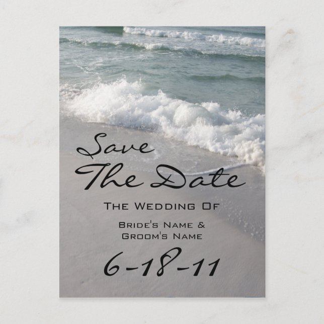 Beach Wedding Save the Date - Ocean Waves & Sand Ankündigungspostkarte (Vorderseite)