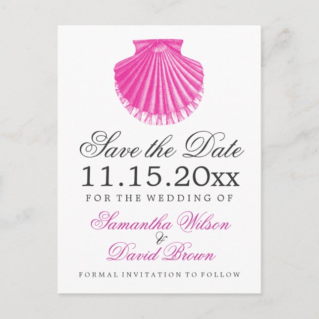 Beach Wedding Save the Date Scallop Muschel Pink Ankündigungspostkarte (Vorderseite)