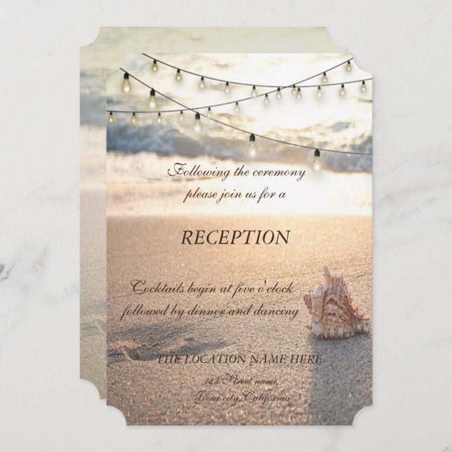 Beach Wedding, Seashell String Lights Empfang Einladung (Vorne/Hinten)