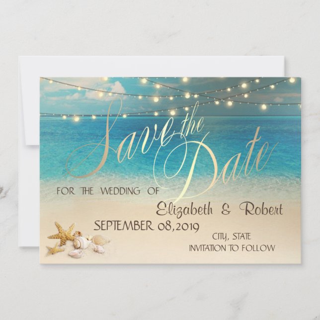 Beach Wedding Seashells Lights Save the Date (Vorderseite)