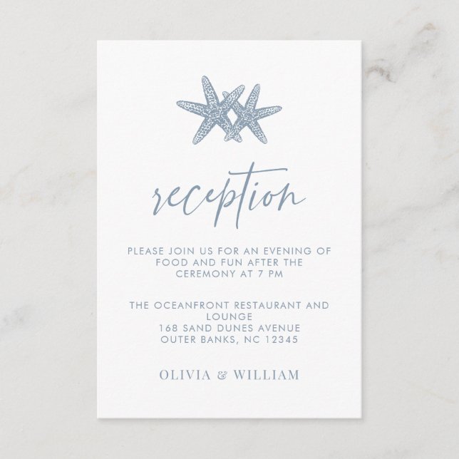 Beach Wedding Starfish Dusty Blue Empfang Begleitkarte (Vorderseite)