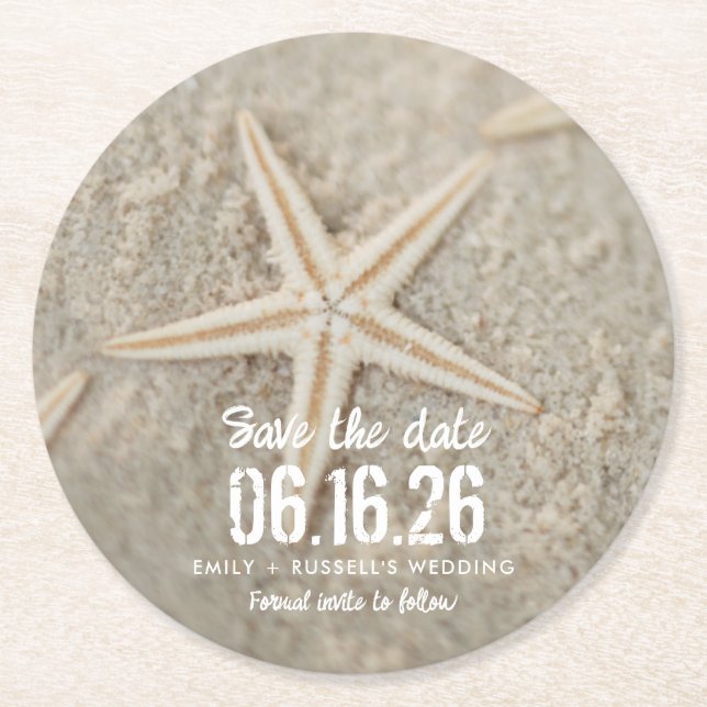 Beach Wedding Starfish Einzigartig Save the Date Runder Pappuntersetzer (Vorderseite)