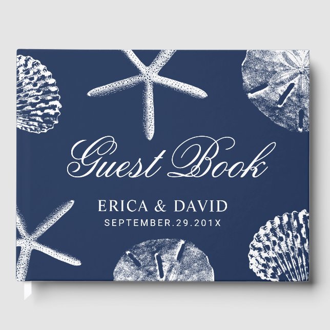 Beach Wedding Starfish & Sand Dollar Navy Blue Gästebuch (Vorderseite)
