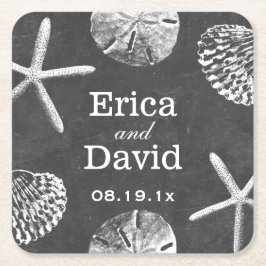Beach Wedding Starfish & Seashells Chalkboard Rechteckiger Pappuntersetzer