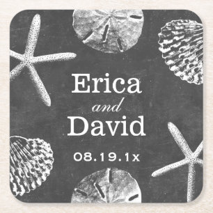 Beach Wedding Starfish & Seashells Chalkboard Rechteckiger Pappuntersetzer
