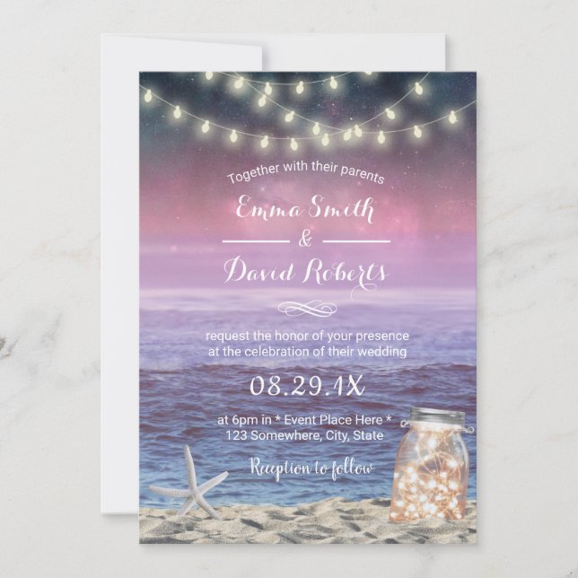Beach Wedding Starfish String Lights Mason Jar Einladung (Vorderseite)